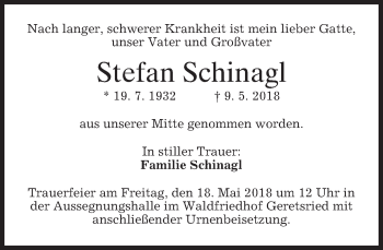 Traueranzeige von Stefan Schinagl von merkurtz