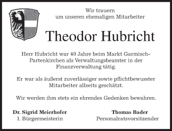 Traueranzeige von Theodor Hubricht von merkurtz