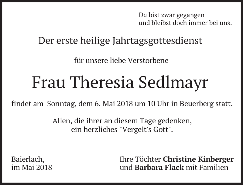  Traueranzeige für Theresia Sedlmayr vom 04.05.2018 aus merkurtz