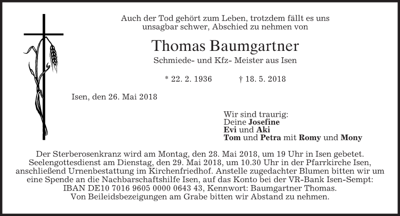  Traueranzeige für Thomas Baumgartner vom 26.05.2018 aus merkurtz