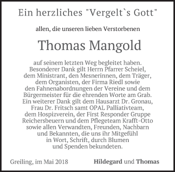 Traueranzeige von Thomas Mangold von merkurtz