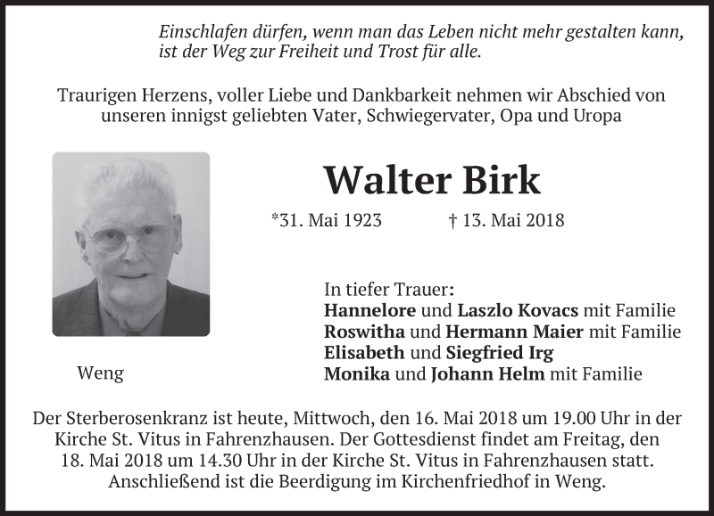  Traueranzeige für Walter Birk vom 16.05.2018 aus merkurtz