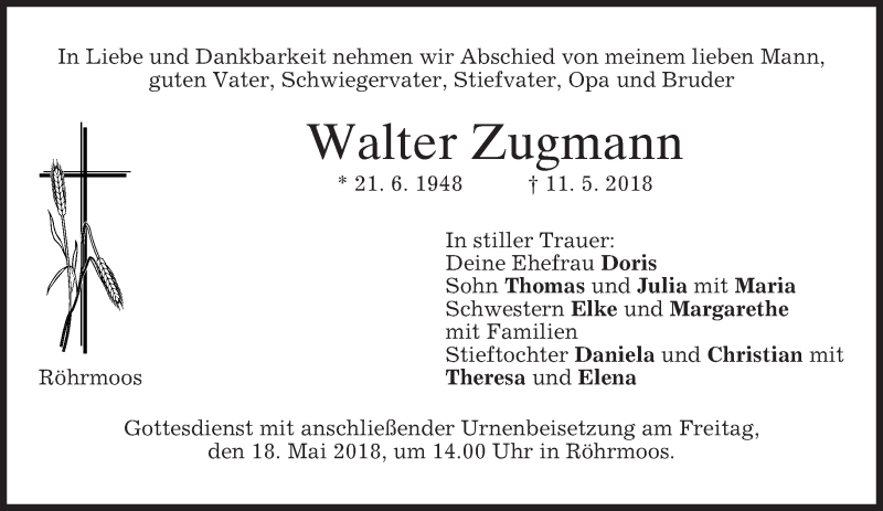  Traueranzeige für Walter Zugmann vom 16.05.2018 aus merkurtz