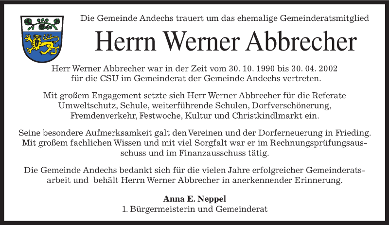  Traueranzeige für Werner Abbrecher vom 02.05.2018 aus merkurtz