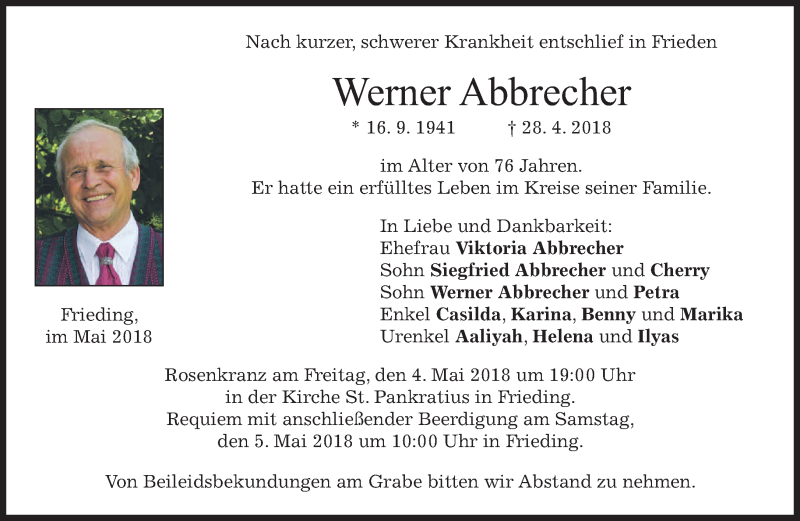  Traueranzeige für Werner Abbrecher vom 02.05.2018 aus merkurtz
