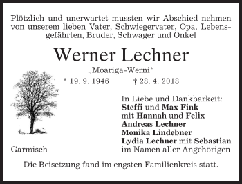 Traueranzeige von Werner Lechner von merkurtz