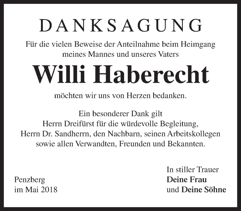  Traueranzeige für Willi Haberecht vom 30.05.2018 aus Das Gelbe Blatt Penzberg