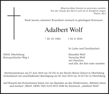 Traueranzeige von Adalbert Wolf von merkurtz
