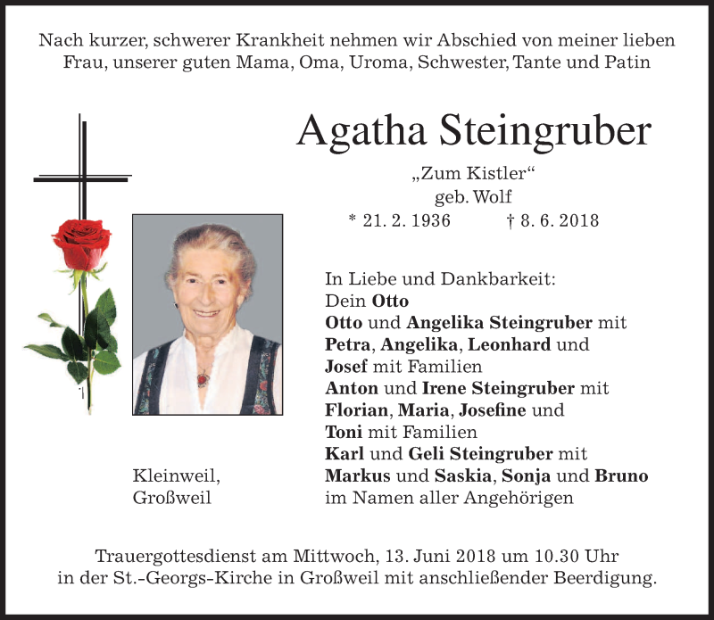 Traueranzeigen von Agatha Steingruber | trauer.merkur.de