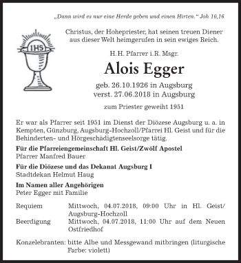 Traueranzeige von Alois Egger von merkurtz