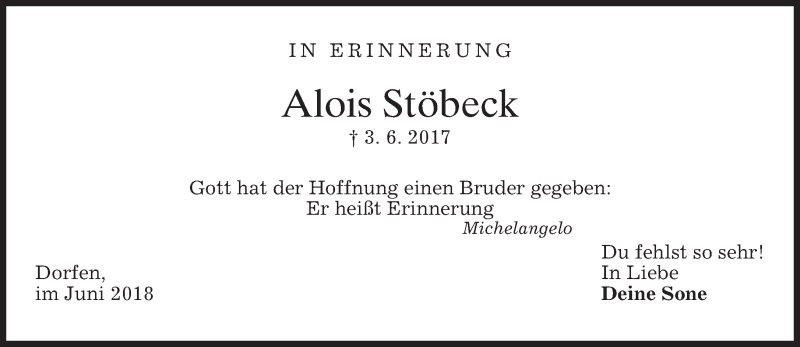  Traueranzeige für Alois Stöbeck vom 02.06.2018 aus merkurtz