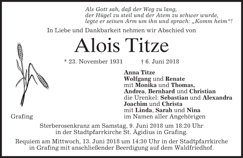  Traueranzeige für Alois Titze vom 08.06.2018 aus merkurtz