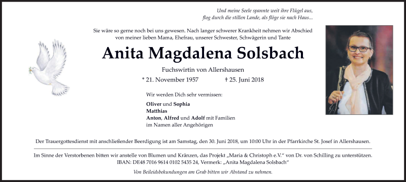  Traueranzeige für Anita Magdalena Solsbach vom 27.06.2018 aus merkurtz