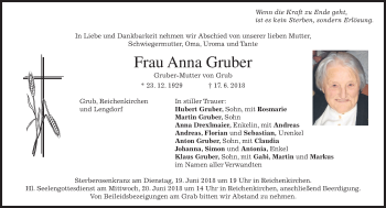 Traueranzeige von Anna Gruber von merkurtz