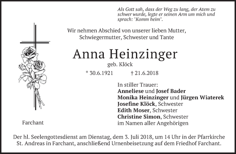  Traueranzeige für Anna Heinzinger vom 30.06.2018 aus merkurtz
