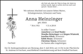 Traueranzeige von Anna Heinzinger von merkurtz