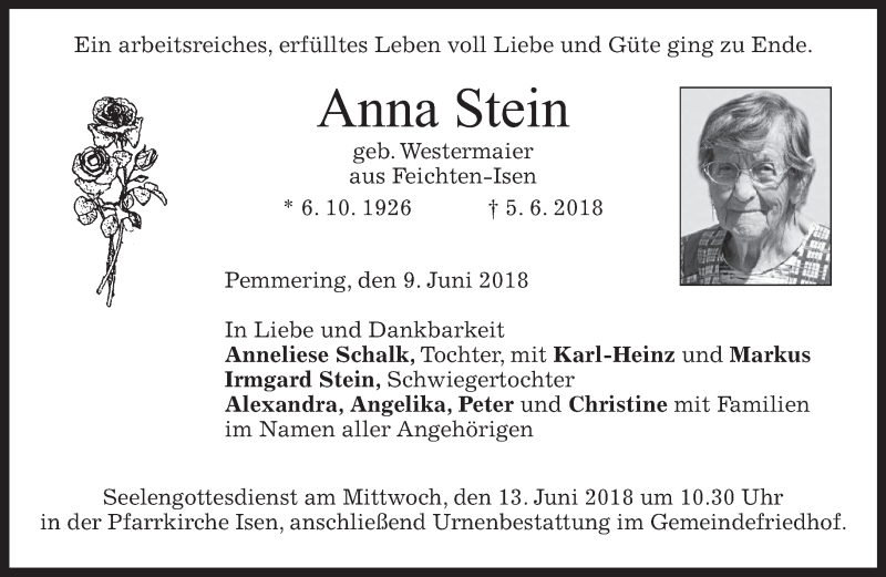 Traueranzeige für Anna Stein vom 09.06.2018 aus merkurtz