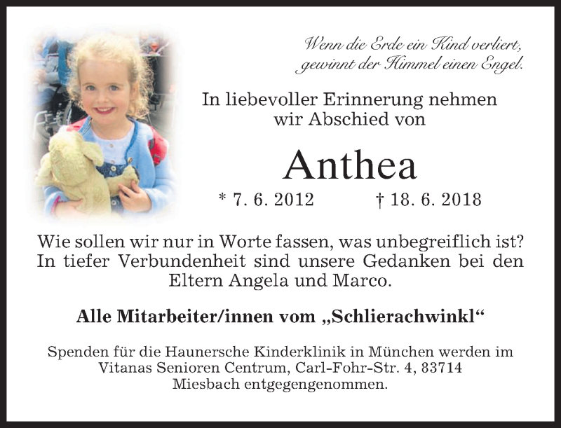  Traueranzeige für Anthea  vom 27.06.2018 aus merkurtz