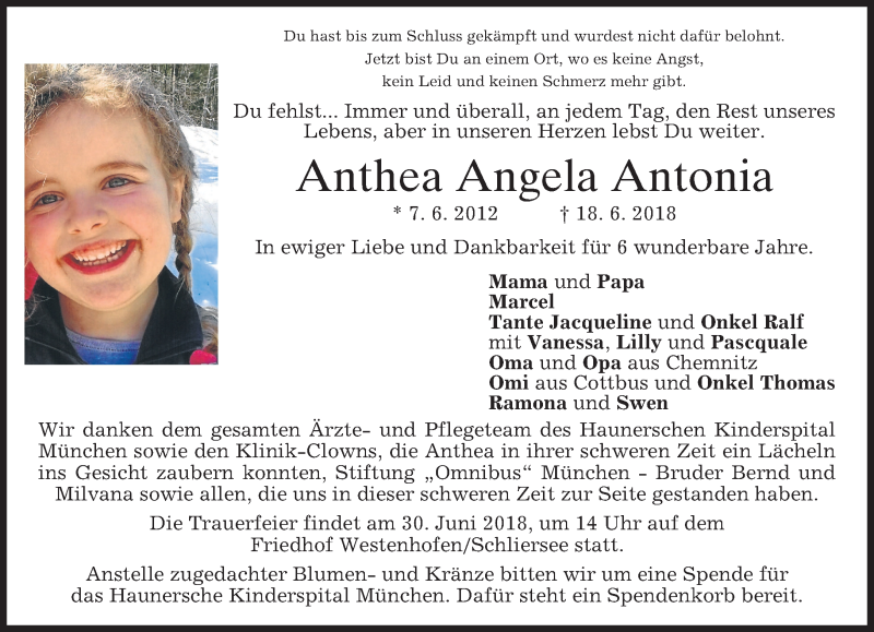  Traueranzeige für Anthea Angela Antonia  vom 22.06.2018 aus merkurtz