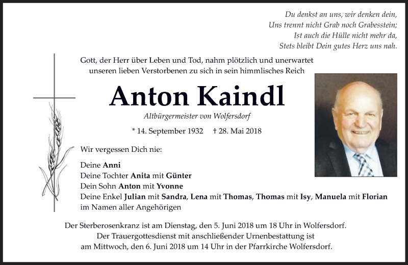  Traueranzeige für Anton Kaindl vom 02.06.2018 aus merkurtz