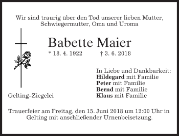 Traueranzeige von Babette Maier von merkurtz