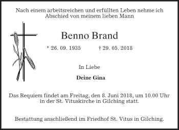 Traueranzeige von Benno Brand von merkurtz
