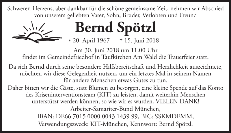  Traueranzeige für Bernd Spötzl vom 27.06.2018 aus merkurtz
