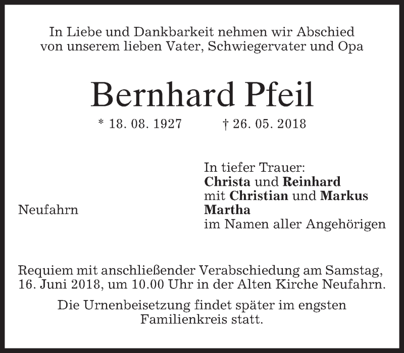  Traueranzeige für Bernhard Pfeil vom 13.06.2018 aus merkurtz