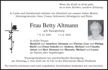 Traueranzeige von Betty Altmann von merkurtz
