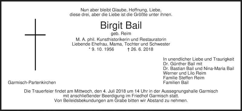  Traueranzeige für Birgit Bail vom 30.06.2018 aus merkurtz