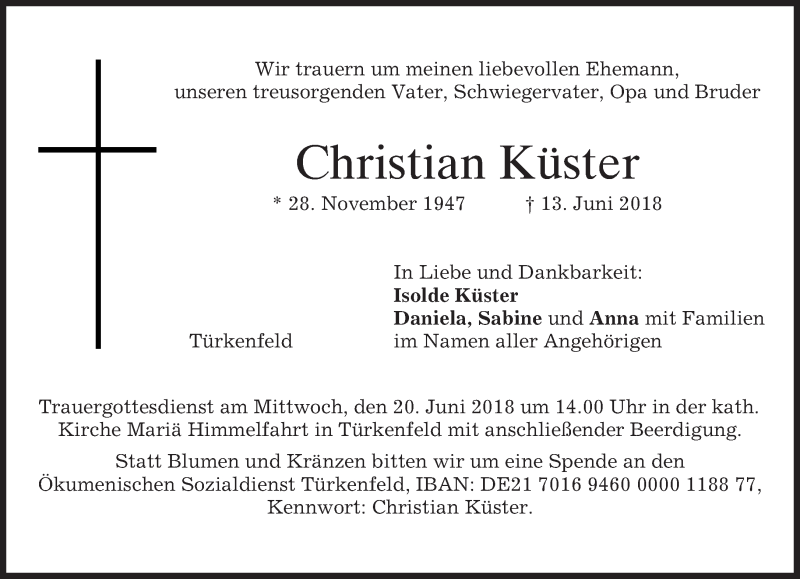  Traueranzeige für Christian Küster vom 16.06.2018 aus merkurtz
