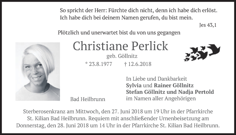  Traueranzeige für Christiane Perlick vom 26.06.2018 aus merkurtz