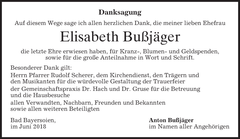  Traueranzeige für Elisabeth Bußjäger vom 07.06.2018 aus merkurtz