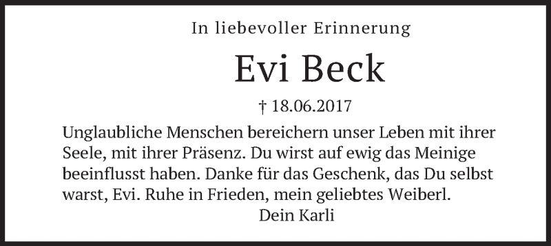  Traueranzeige für Evi Beck vom 18.06.2018 aus merkurtz