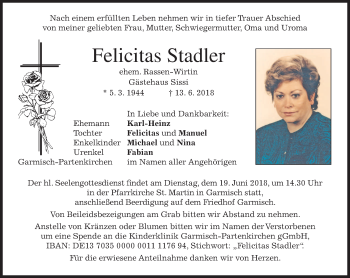 Traueranzeige von Felicitas Stadler von merkurtz