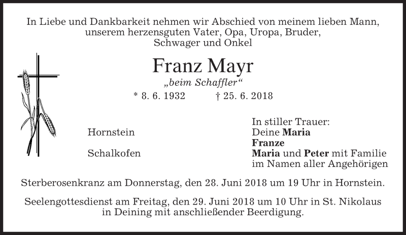  Traueranzeige für Franz Mayr vom 27.06.2018 aus merkurtz