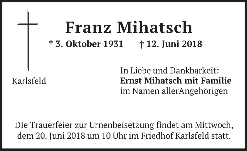  Traueranzeige für Franz Mihatsch vom 16.06.2018 aus merkurtz