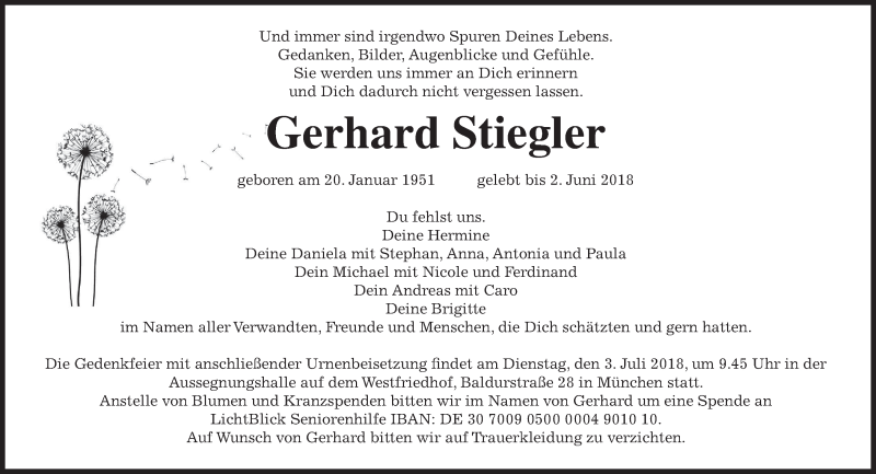  Traueranzeige für Gerhard Stiegler vom 16.06.2018 aus merkurtz