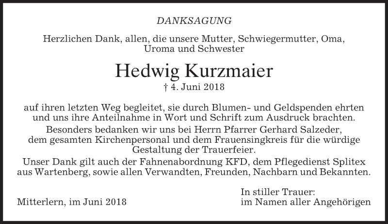 Traueranzeige für Hedwig Kurzmaier vom 23.06.2018 aus merkurtz