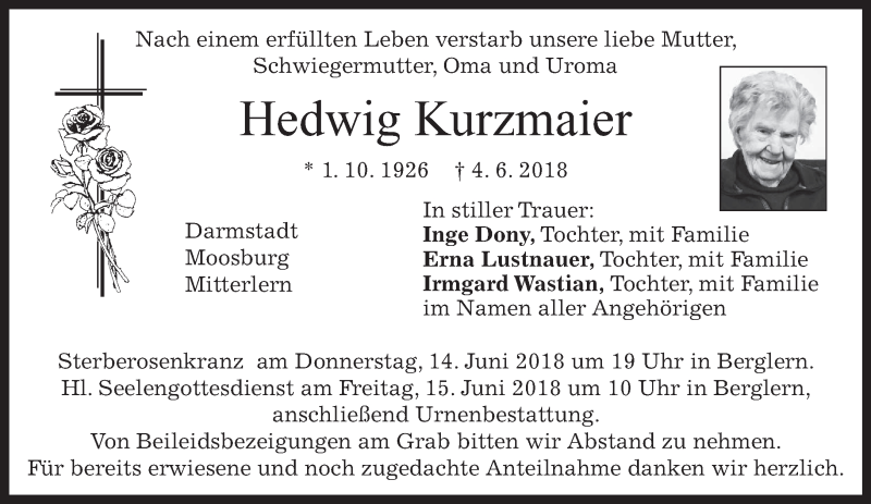  Traueranzeige für Hedwig Kurzmaier vom 09.06.2018 aus merkurtz