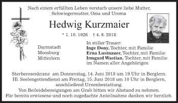 Traueranzeige von Hedwig Kurzmaier von merkurtz
