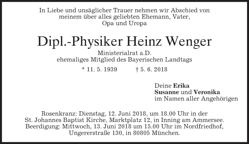  Traueranzeige für Heinz Wenger vom 09.06.2018 aus merkurtz