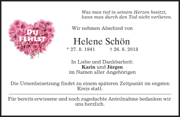Traueranzeige von Helene Schön von merkurtz