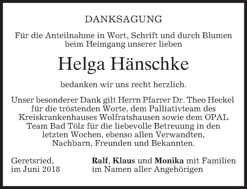  Traueranzeige für Helga Hänschke vom 09.06.2018 aus merkurtz