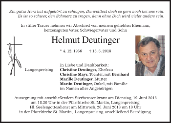Traueranzeige von Helmut Deutinger von merkurtz