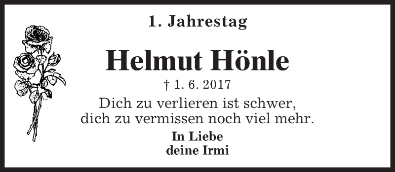  Traueranzeige für Helmut Hönle vom 01.06.2018 aus merkurtz