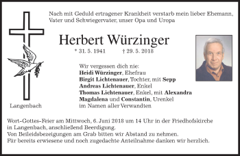 Traueranzeige von Herbert Würzinger von merkurtz