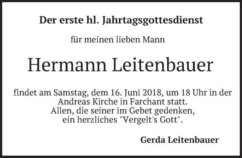  Traueranzeige für Hermann Leitenbauer vom 09.06.2018 aus merkurtz