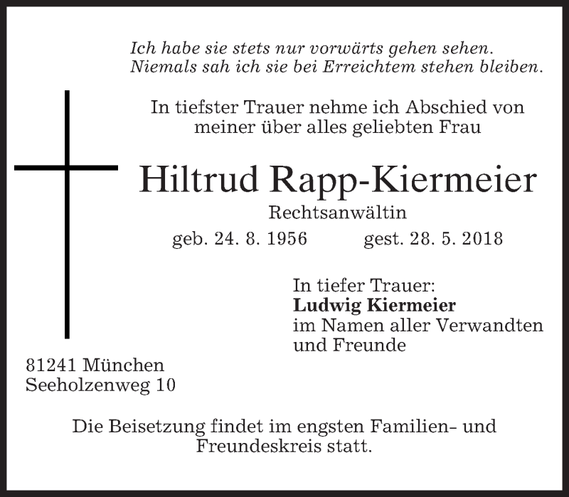  Traueranzeige für Hiltrud Rapp-Kiermeier vom 01.06.2018 aus merkurtz