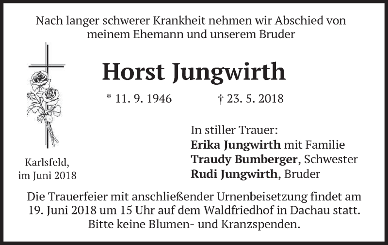  Traueranzeige für Horst Jungwirth vom 13.06.2018 aus merkurtz